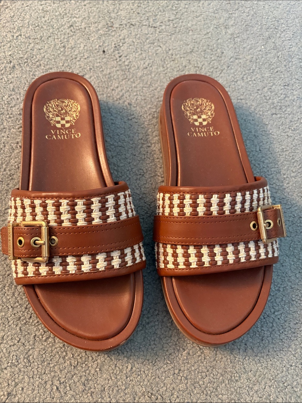Vince Camuto Tan and Cream Woven Buckle Slide Sandals